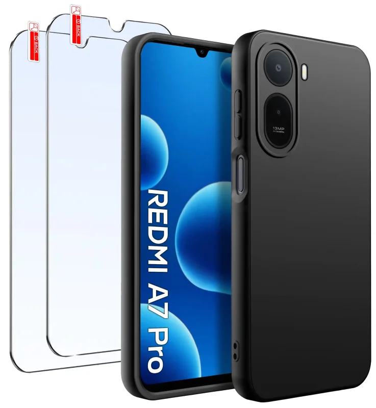Czarne matowe etui silikonowe do Xiaomi Redmi A7 Pro z dwoma szkłami hartowanymi 9H