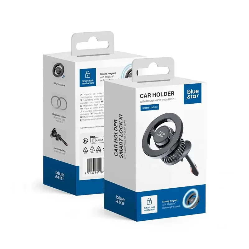 Opakowanie uchwytu Blue Star Smart Lock X1 z informacją o MagSafe, smart lock i montażu do kratki nawiewu