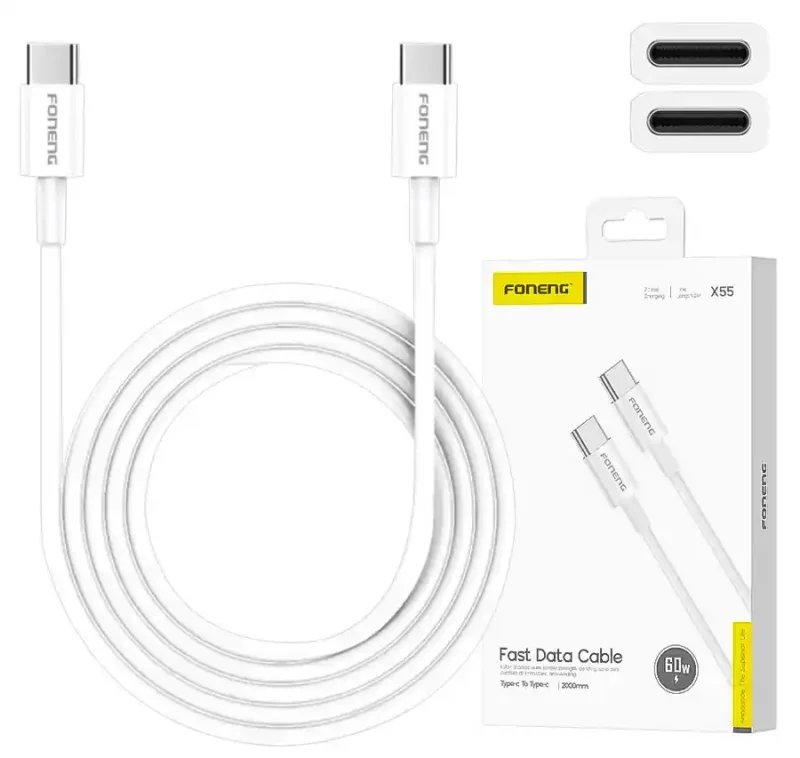 Kabel Foneng X55 USB-C do USB-C 60W 2 m: biały przewód do szybkiego ładowania i transferu danych