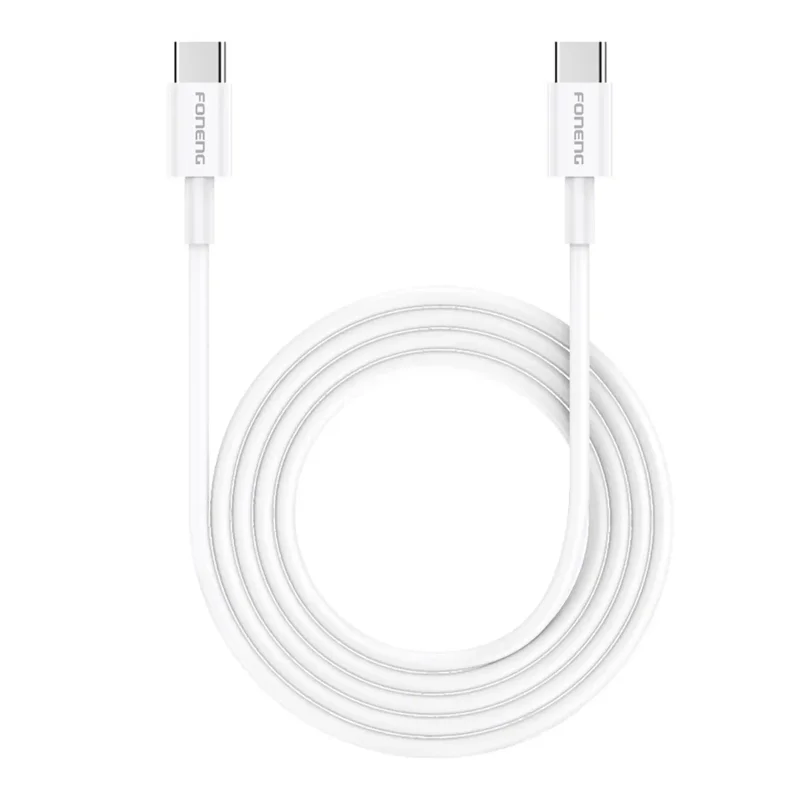 Biały kabel Foneng X55 USB-C do USB-C 2 m 60W zwinięty w pętlę na jasnym tle