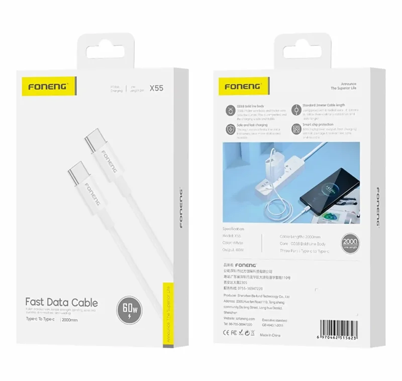 Opakowanie kabla Foneng X55 USB-C do USB-C 60W 2 m: przód i tył pudełka produktu