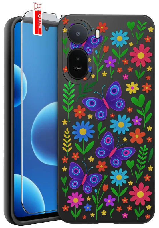 Etui wiosenne do Xiaomi Redmi A7 Pro z kolorowym nadrukiem motyli i kwiatów oraz szkło hartowane 9H w zestawie