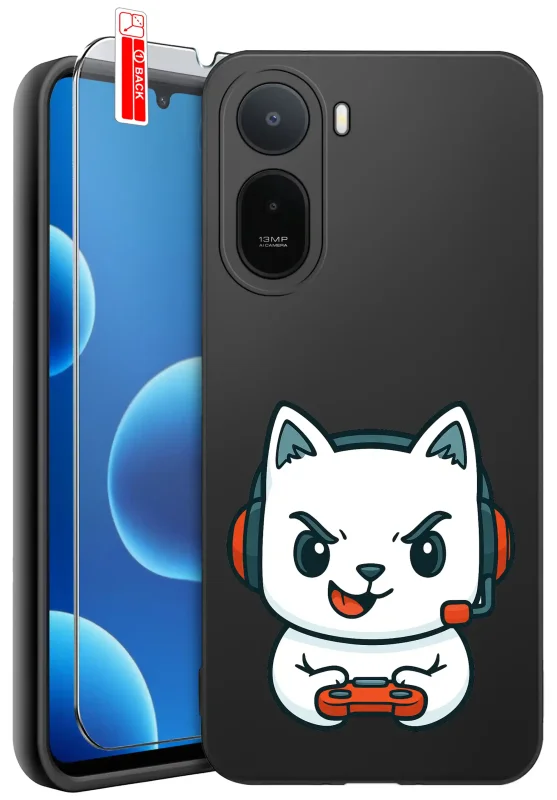 Etui dla gracza do Xiaomi Redmi A7 Pro z nadrukiem kota w słuchawkach i padem oraz szkło hartowane 9H w zestawie