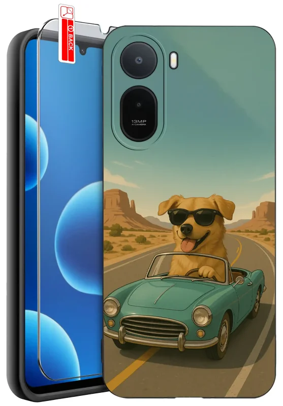 Etui z psem do Xiaomi Redmi A7 Pro z grafiką psa w okularach jadącego autem oraz szkłem hartowanym 9H w zestawie
