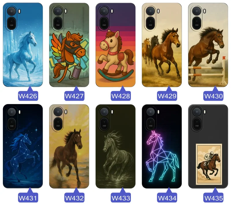 Etui Xiaomi Redmi A7 Pro z różnorodnymi wzorami koni: od realistycznych portretów po bajkowe jednorożce i konie w galopie