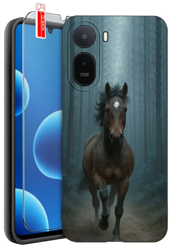 Etui do Xiaomi Redmi A7 Pro z motywem galopującego konia w tajemniczym lesie oraz szkłem hartowanym 9H w zestawie