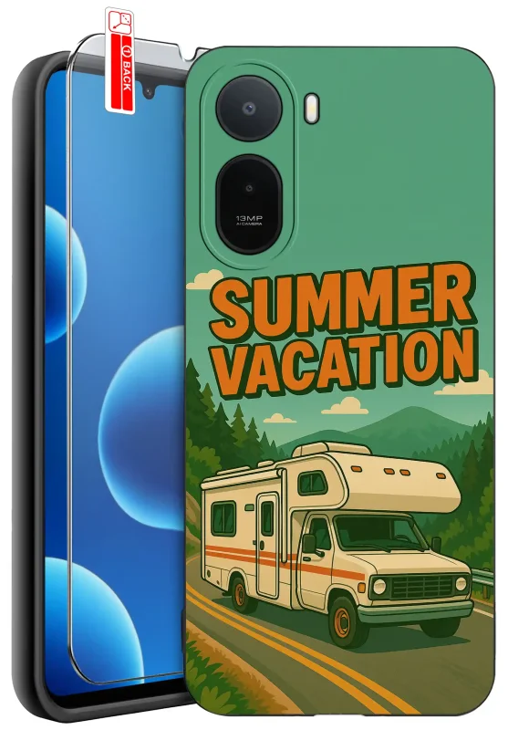 Etui z motywem kampera i napisem Summer Vacation do Xiaomi Redmi A7 Pro ze szkłem ochronnym w zestawie
