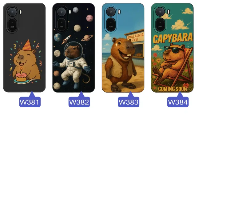 Różne wzory z kapibarą do Xiaomi Redmi A7 Pro: barwne ilustracje, zabawne hasła i różnorodne motywy