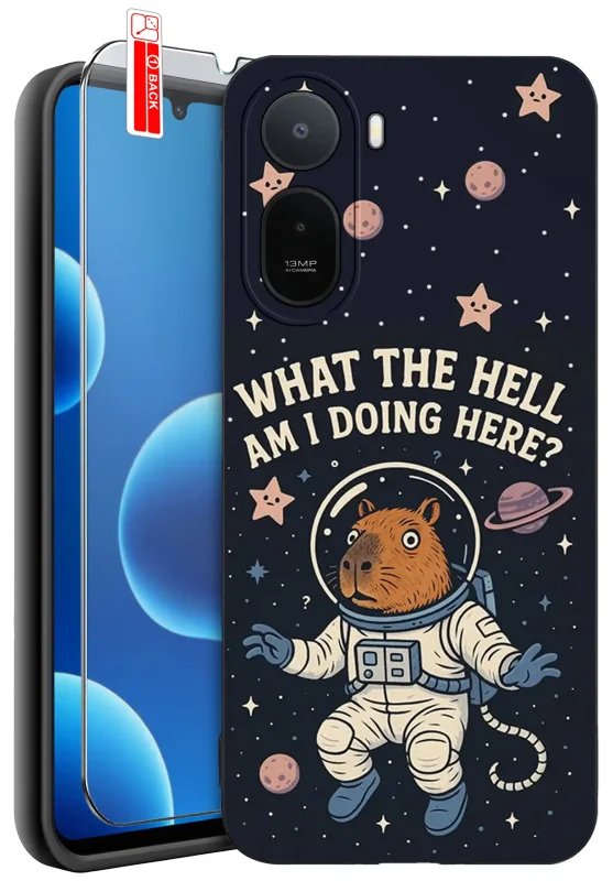Etui z kapibarą do Xiaomi Redmi A7 Pro z nadrukiem kapibary astronauty na ciemnym kosmicznym tle oraz szkło ochronne w komplecie