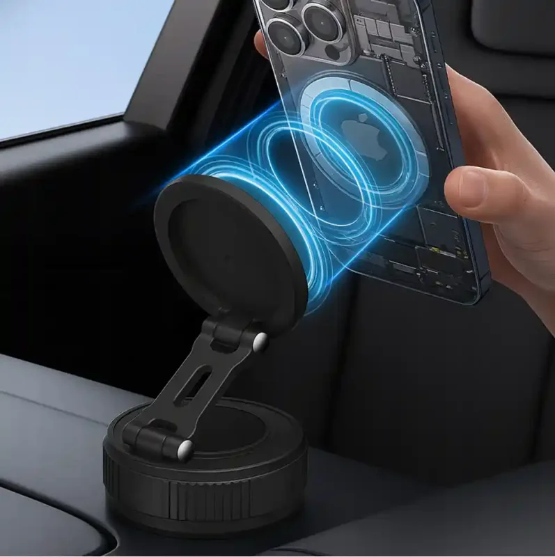 Magnetyczny uchwyt samochodowy Blavec BHV-02 podczas mocowania smartfona z technologią MagSafe