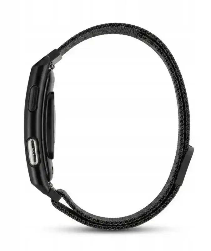 Smartband TITMO Loop I-110 czarny z magnetycznym paskiem mesh, profil urządzenia i port ładowania