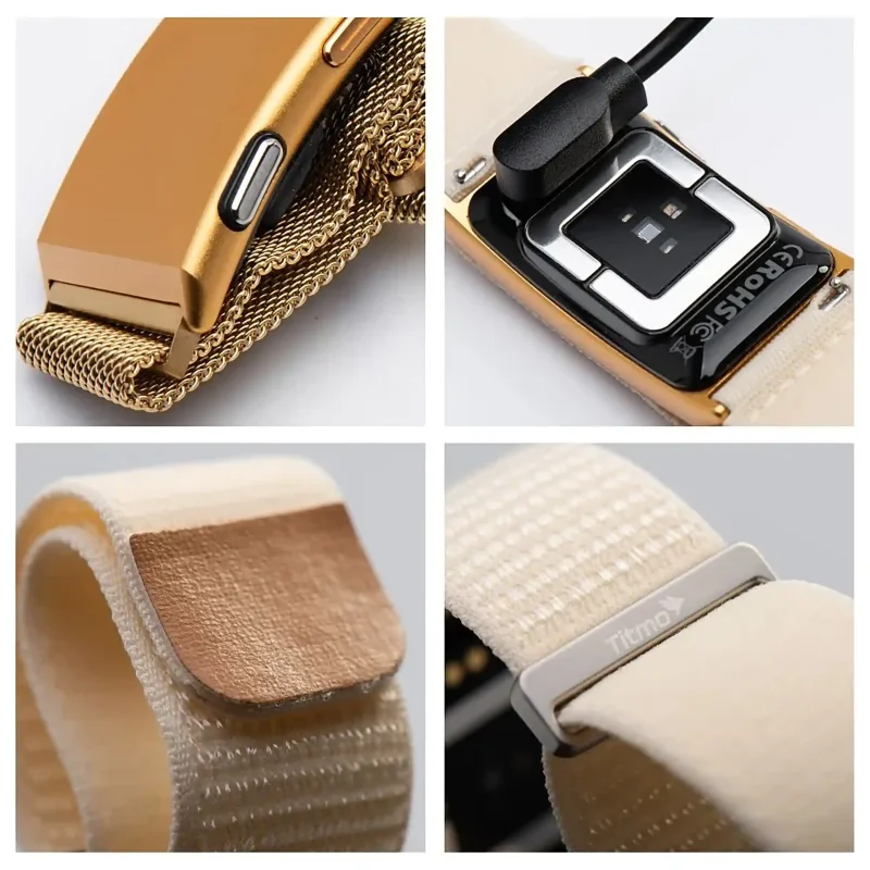 Zbliżenie na smartband TITMO Loop I-110 złoty z czujnikami zdrowotnymi, złączem ładowania i wymiennymi paskami
