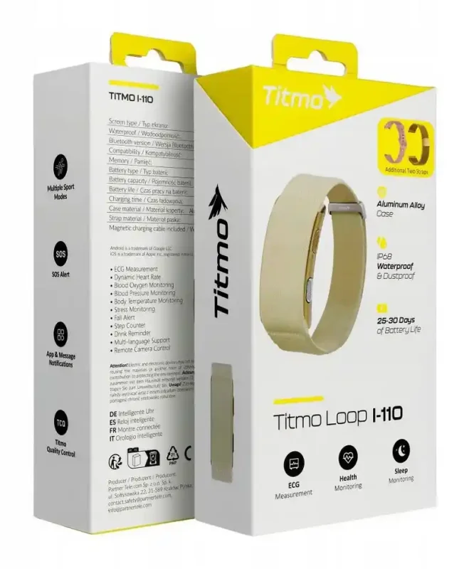 Smartband inteligentny wodoodporny TITMO Loop I-110 złoty z pudełkiem producenta i funkcjami monitorowania zdrowia