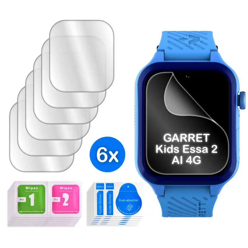 Zestaw 6 folii ochronnych na smartwatcha Garett Kids Essa 2 AI 4G z akcesoriami montażowymi i naklejkami Dust-absorber