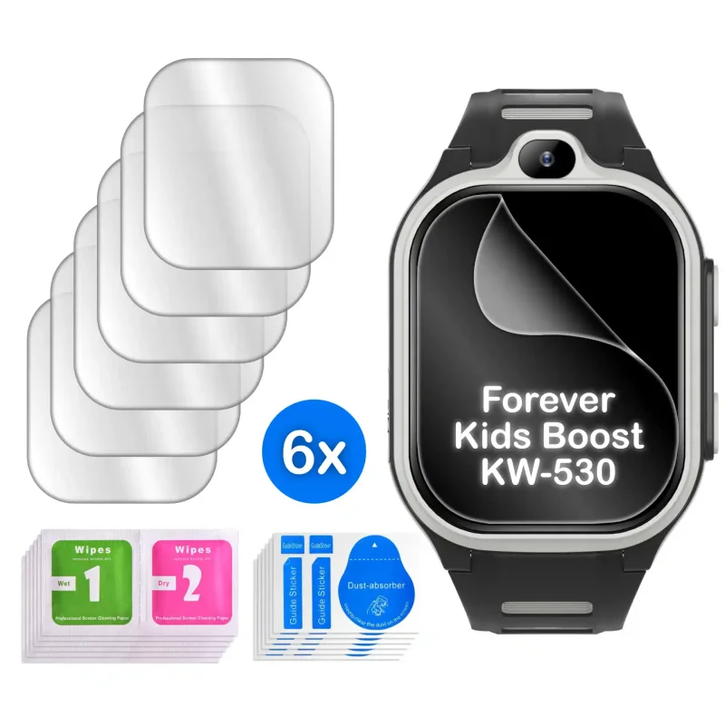 Zestaw 6 folii ochronnych na smartwatcha Forever Kids Boost KW-530 z akcesoriami montażowymi i naklejkami Dust-absorber