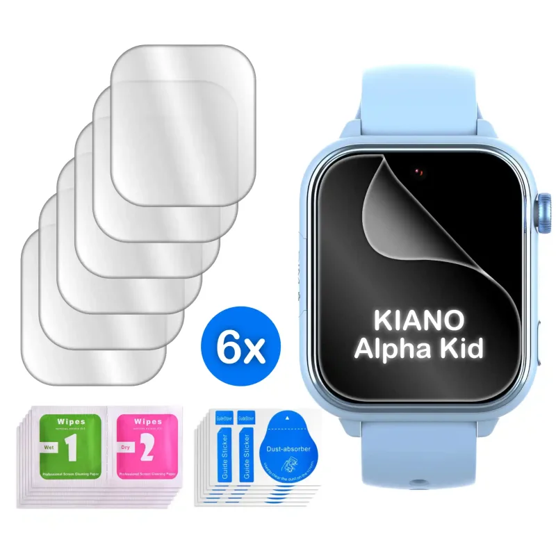 Zestaw 6 folii ochronnych na smartwatcha Kiano Alpha Kid z akcesoriami montażowymi i naklejkami Dust-absorber