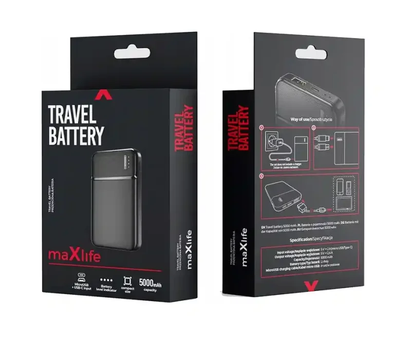Opakowanie powerbanku Maxlife 20000 mAh z grafiką produktu oraz informacjami o specyfikacji