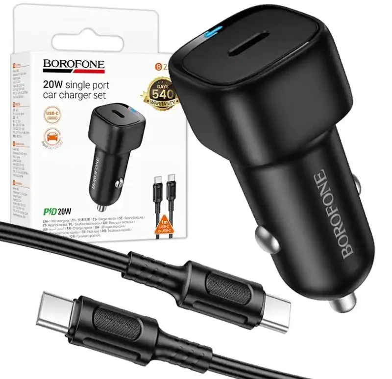 Ładowarka samochodowa Borofone USB-C PD 20W z kablem USB-C do szybkiego ładowania telefonu w aucie