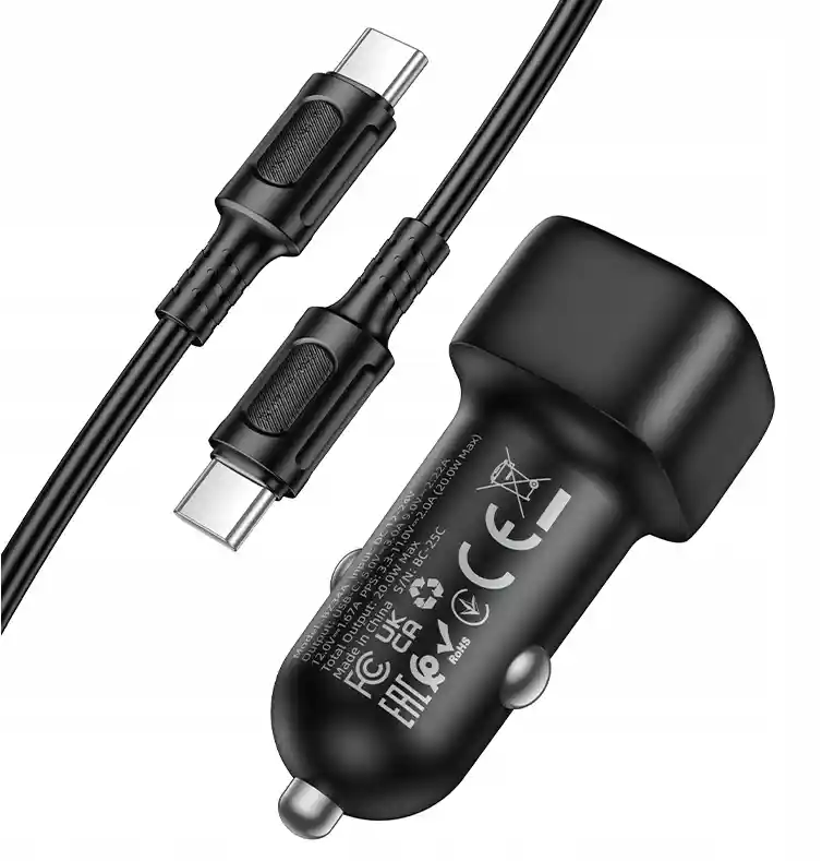 Ładowarka do auta Borofone USB-C 20W z kablem USB-C oraz certyfikatami bezpieczeństwa