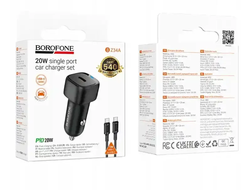 Opakowanie ładowarki samochodowej Borofone BZ34A USB-C PD 20W z przewodem USB-C 1 m
