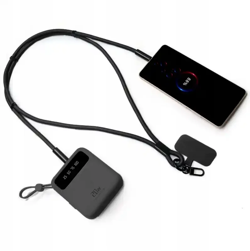 Smycz do telefonu USB typ C 60W podłączona do powerbanku i smartfona podczas ładowania