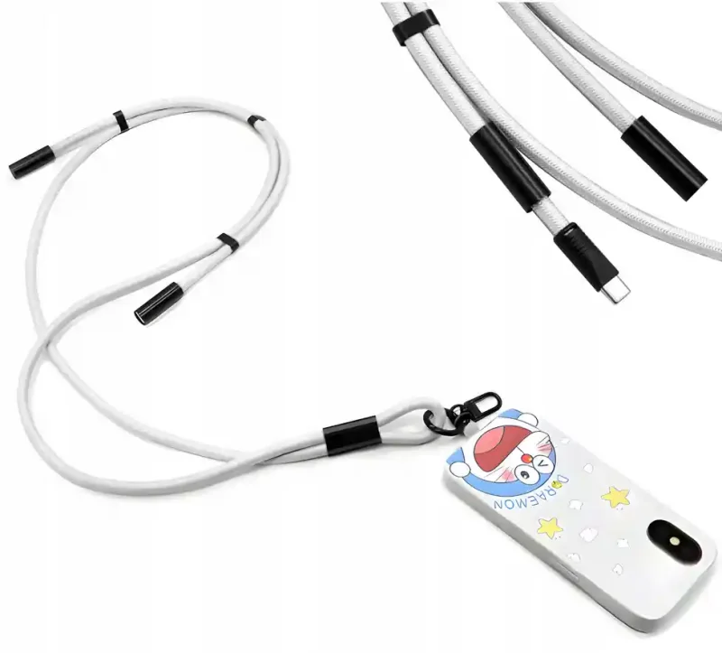 Biała smycz do telefonu z kablem USB-C 60W 2w1 przypięta do etui