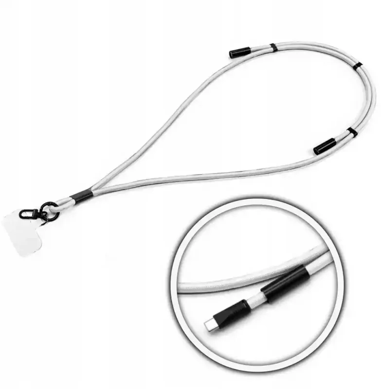 Biała smycz do telefonu na szyję z kablem USB-C 60W oraz wkładką montażową, widok całego zestawu z powiększeniem złącza