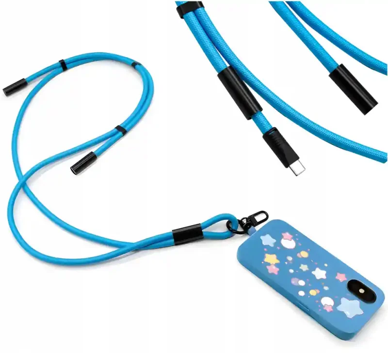 Smycz do telefonu na szyję z kablem USB-C 60W 2w1 w kolorze niebieskim z przypiętym smartfonem w etui