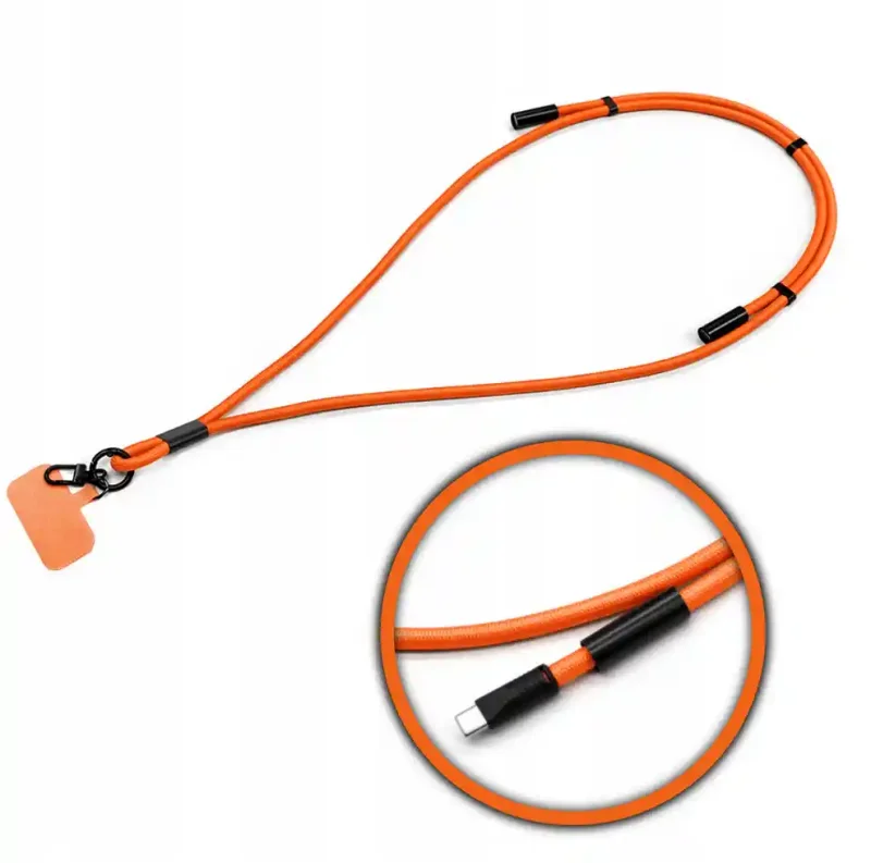Zawieszka do telefonu USB-C 60W o długości 1,5 m z pomarańczową wkładką montowaną między telefonem a etui