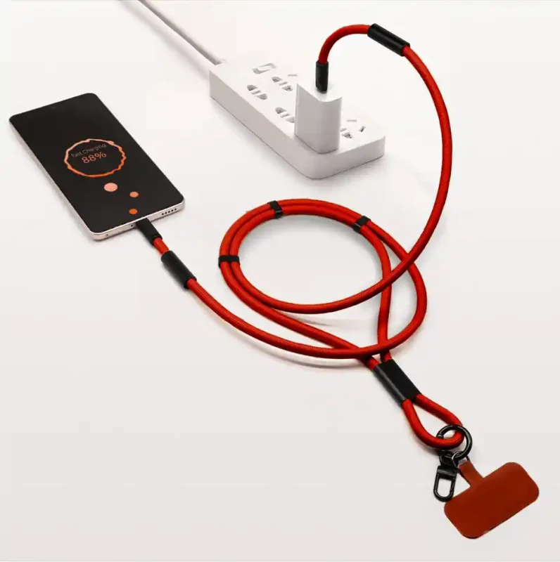 Czerwona smycz USB-C 60W podłączona do telefonu i ładowarki sieciowej podczas ładowania