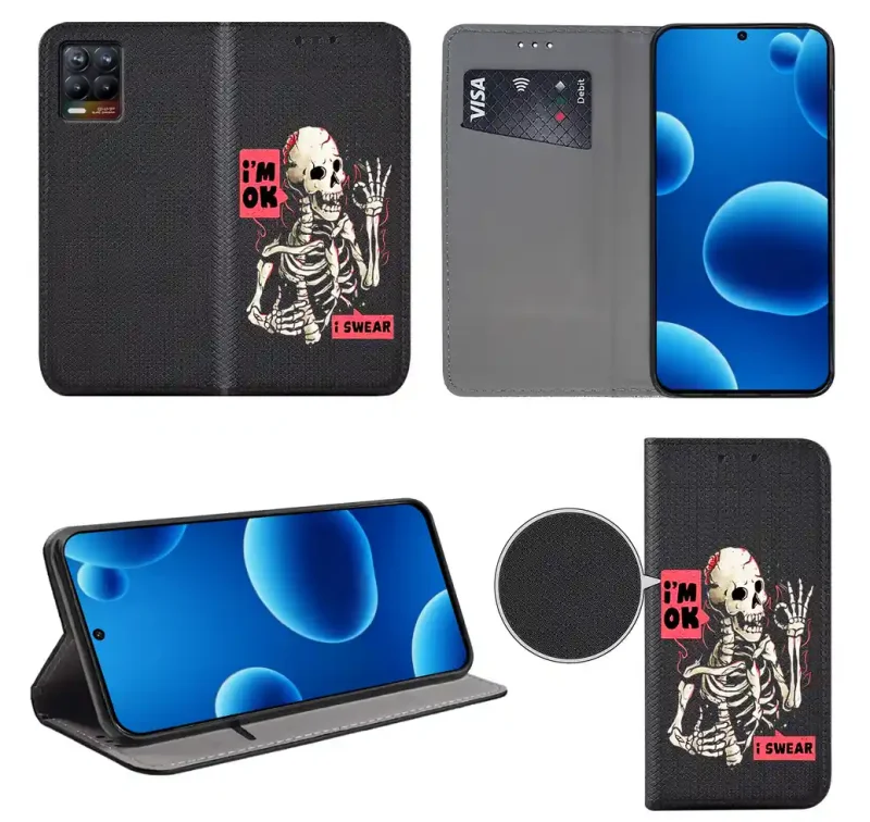 Etui książkowe do Realme 8 / 8 Pro z nadrukiem szkieletu, widok przodu i tyłu, kieszonka na kartę oraz funkcja podstawki