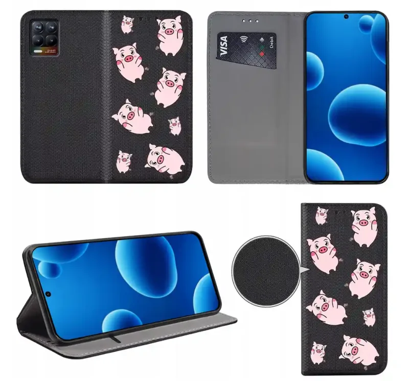 Etui książkowe do Realme 8 / 8 Pro z nadrukiem świnek, widok przodu i tyłu, kieszonka na kartę oraz funkcja podstawki