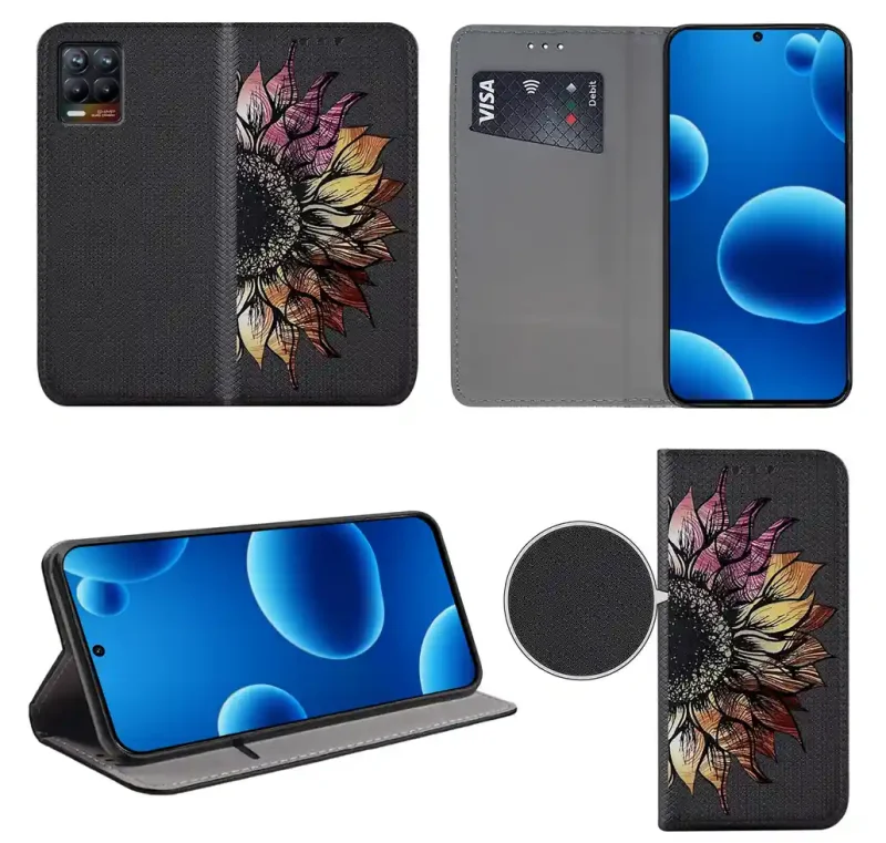 Etui książkowe do Realme 8 / 8 Pro z kwiatem, widok przodu i tyłu, kieszonka na kartę oraz funkcja podstawki