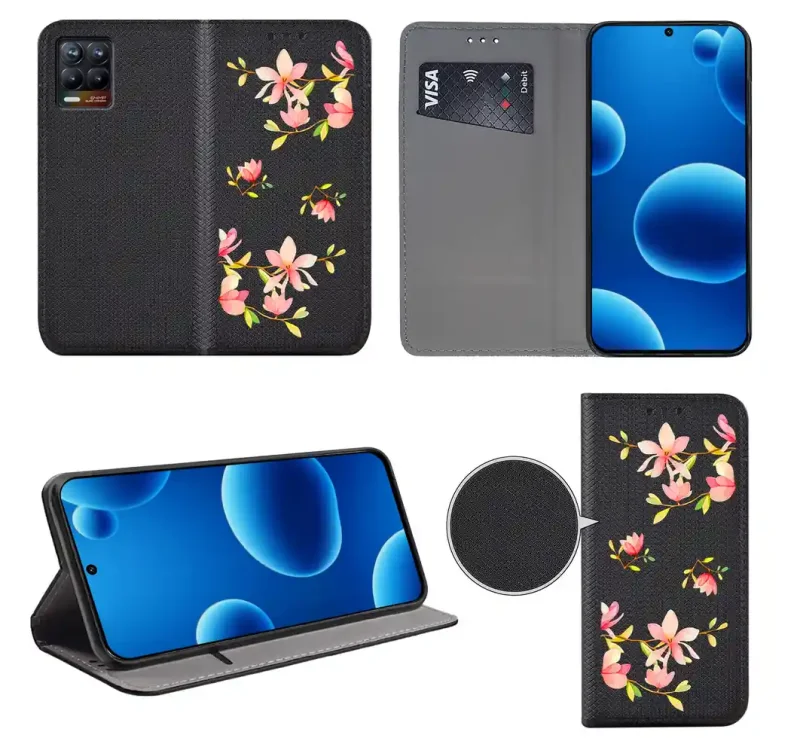 Etui książkowe do Realme 8 / 8 Pro z kobiecym wzorem, widok przodu i tyłu, kieszonka na kartę oraz funkcja podstawki
