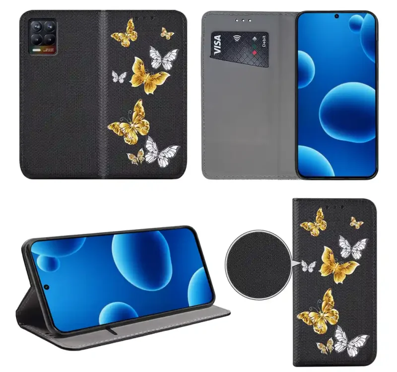 Etui książkowe do Realme 8 / 8 Pro z kolorowym wzorem, widok przodu i tyłu, kieszonka na kartę oraz funkcja podstawki