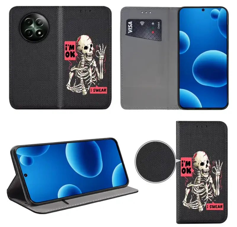 Etui książkowe do Realme 12 5G / 12x 5G z nadrukiem szkieletu, widok przodu i tyłu, kieszonka na kartę oraz funkcja podstawki