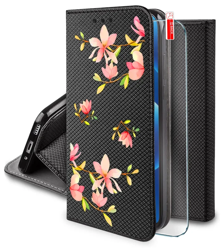 Etui z klapką do Realme 12 5G / 12x 5G z kobiecym wzorem kwiatowym i szkłem ochronnym w zestawie