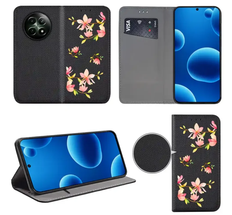 Etui książkowe do Realme 12 5G / 12x 5G z kobiecym wzorem, widok przodu i tyłu, kieszonka na kartę oraz funkcja podstawki