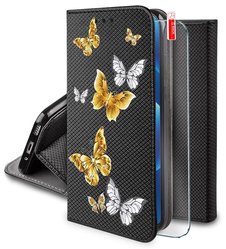 Etui z klapką do Realme 12 5G / 12x 5G z kolorowym wzorem motyli i szkłem hartowanym 9H w zestawie