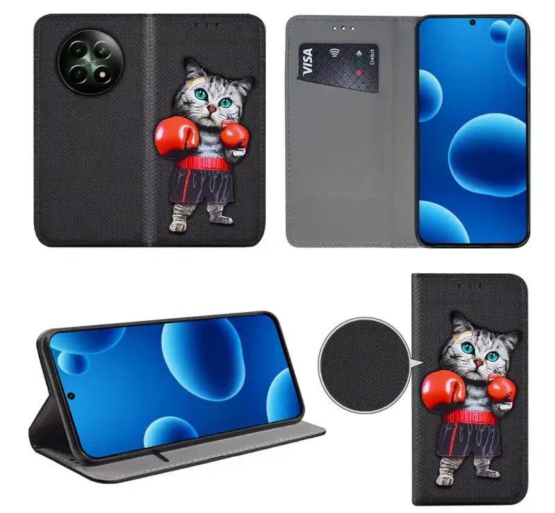 Etui książkowe do Realme 12 5G / 12x 5G z kotem, widok przodu i tyłu, kieszonka na kartę oraz funkcja podstawki