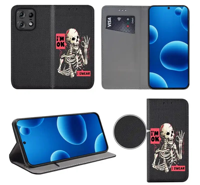 Etui książkowe do Motorola Edge 50 Pro z nadrukiem szkieletu, widok przodu i tyłu, kieszonka na kartę oraz funkcja podstawki
