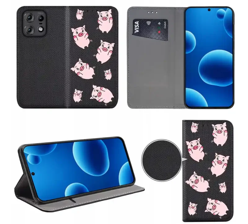 Etui książkowe do Motorola Edge 50 Pro z nadrukiem świnek, widok przodu i tyłu, kieszonka na kartę oraz funkcja podstawki