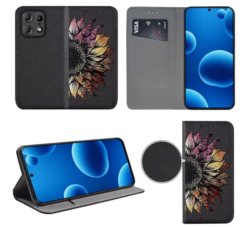 Etui książkowe do Motorola Edge 50 Pro z kwiatem, widok przodu i tyłu, kieszonka na kartę oraz funkcja podstawki