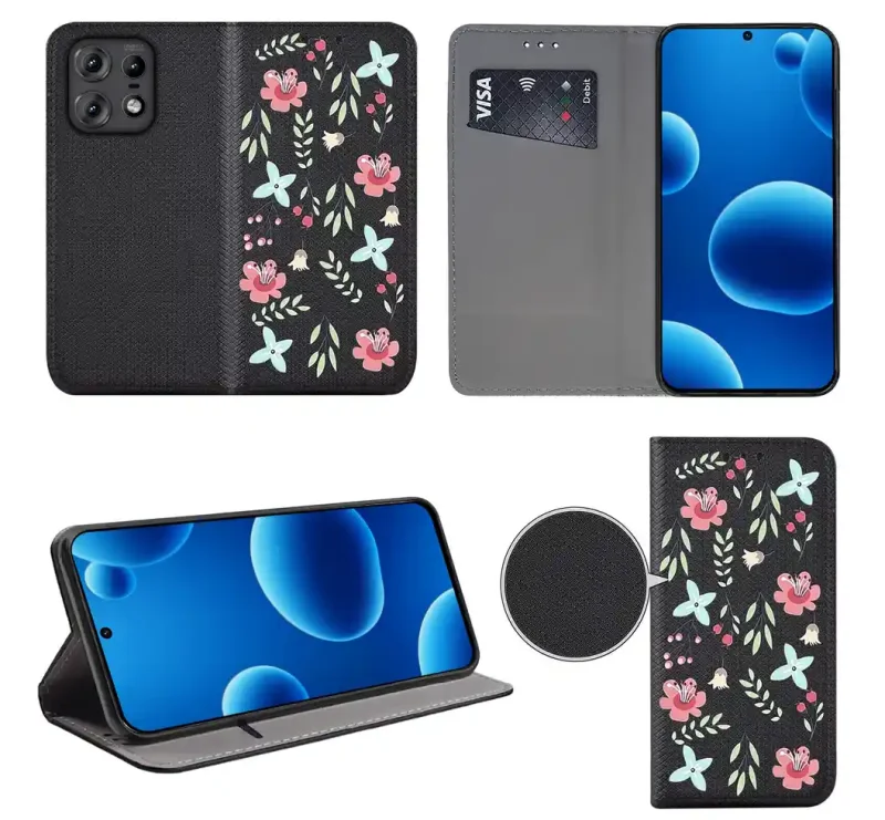 Etui książkowe do Motorola Edge 50 Pro z damskim wzorem, widok przodu i tyłu, kieszonka na kartę oraz funkcja podstawki