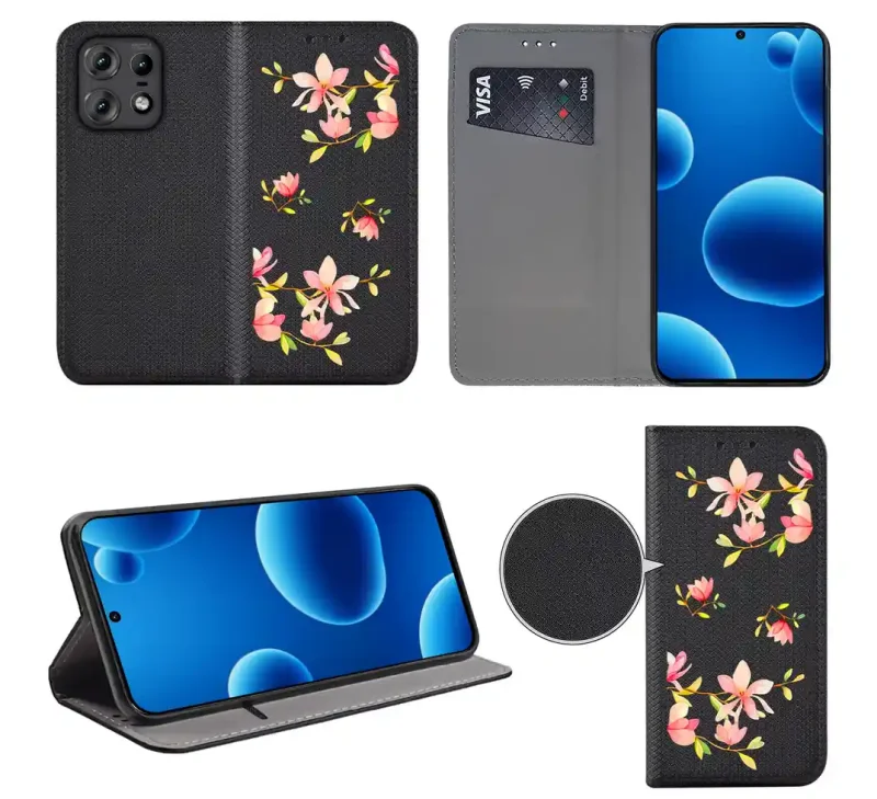 Etui książkowe do Motorola Edge 50 Pro z kobiecym wzorem, widok przodu i tyłu, kieszonka na kartę oraz funkcja podstawki