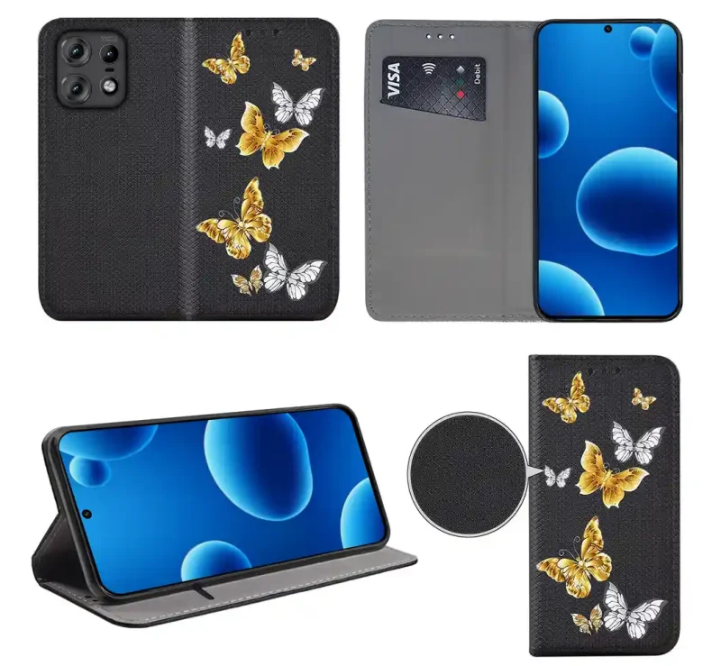 Etui książkowe do Motorola Edge 50 Pro z kolorowym wzorem, widok przodu i tyłu, kieszonka na kartę oraz funkcja podstawki