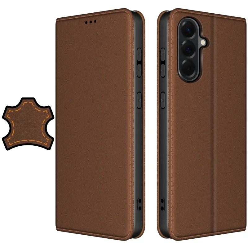 Brązowe skórzane etui z klapką do Samsung Galaxy A56 pokazane z przodu i z tyłu
