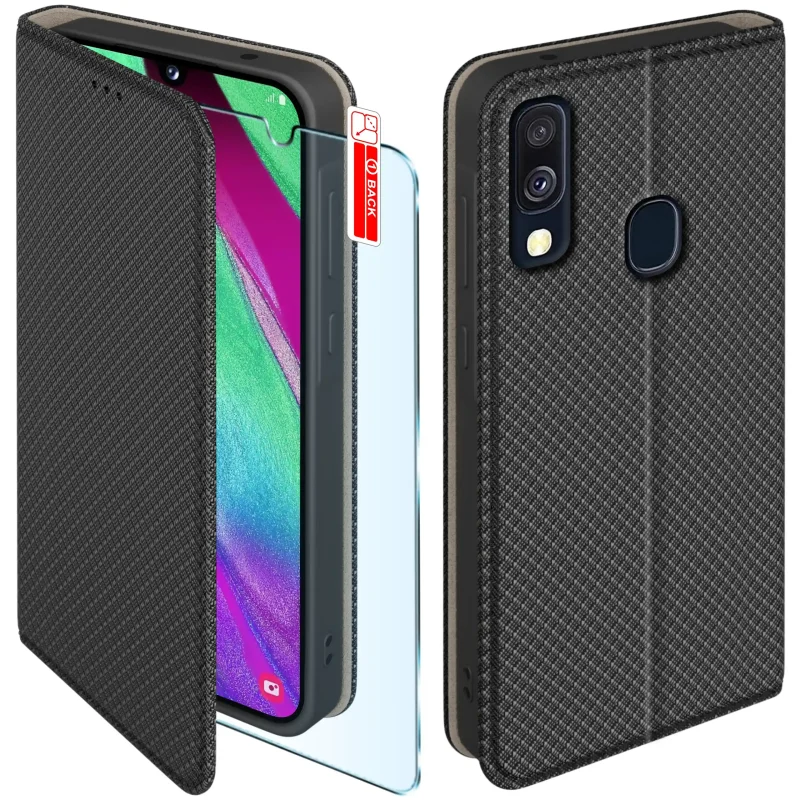 Etui z klapką do Samsung Galaxy A40 w czarnym kolorze z magnetycznym zamknięciem, antypoślizgową fakturą i elastycznym TPU chroniącym telefon