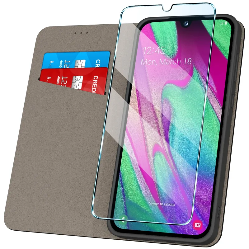 Czarne etui z klapką do Samsung Galaxy A40 z kieszonką na karty i miękkim wnętrzem