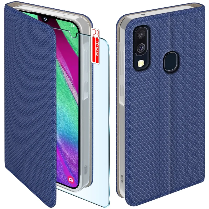 Etui z klapką do Samsung Galaxy A40 w granatowym kolorze z magnetycznym zamknięciem, antypoślizgową fakturą i elastycznym TPU chroniącym telefon